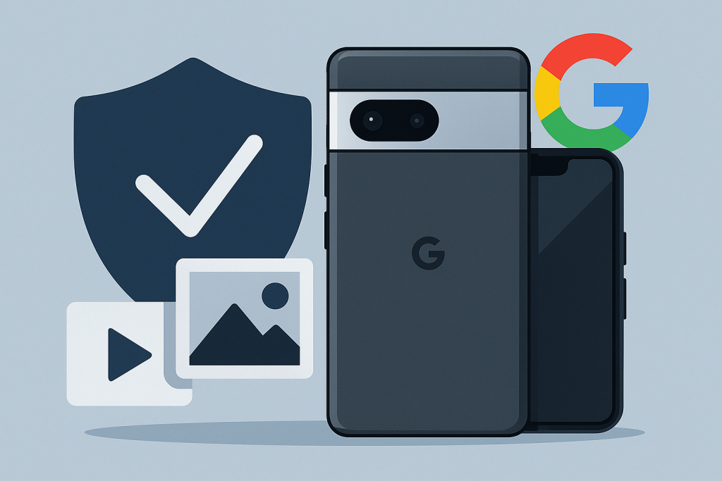Ilustración de un Google Pixel 10 junto a íconos de autenticidad, imagen y video