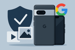 Ilustración de un Google Pixel 10 junto a íconos de autenticidad, imagen y video