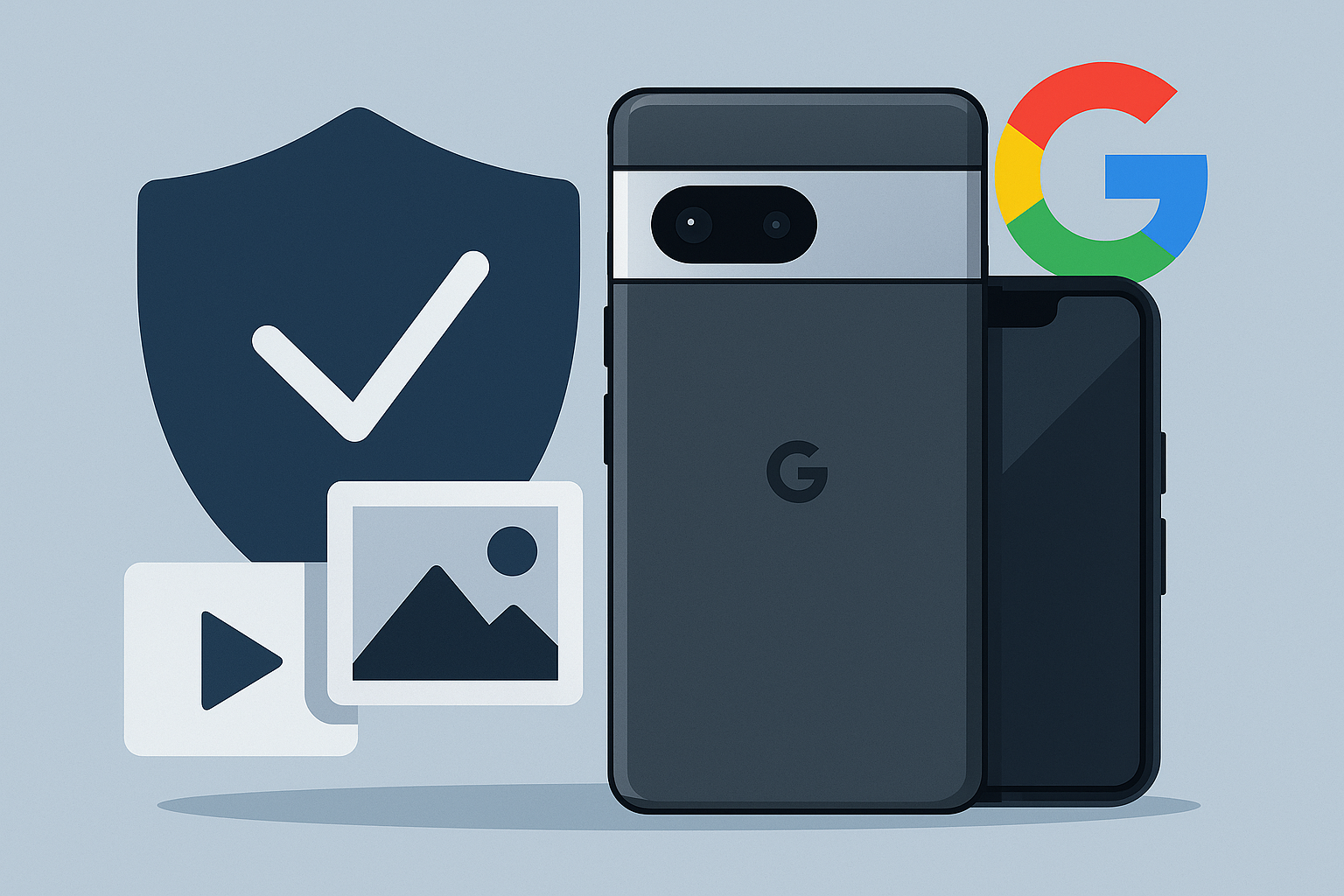 Ilustración de un Google Pixel 10 junto a íconos de autenticidad, imagen y video